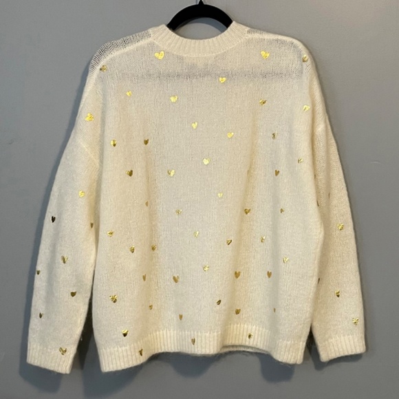 Last Chance! Sezane Cinta Jumper Gold Foil Heart Mohair Wool Sweater Ecru L - Picture 3 of 6